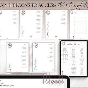 May include: A digital planner with a white background and black icons. The planner includes sections for finances, fitness, self-care, productivity, and goal planning. The text "TAP THE ICONS TO ACCESS 100+ TEMPLATES" is at the top of the image. The text "Mo 01 January 2024" is at the bottom of the image.