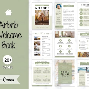Puede incluir: Una plantilla de libro de bienvenida verde y blanco para anfitriones de Airbnb. El libro incluye secciones para un mensaje de bienvenida, las reglas de la casa, las cosas que hacer en la zona y cómo moverse. La plantilla está diseñada para ser utilizada con Canva.