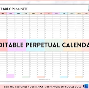 EDITABLE Perpetual Calendar, Undated Year at a glance, Reusable calendar, Year on one page, Yearly Overview, Annual Planner, 12 month