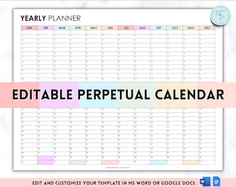EDITABLE Perpetual Calendar, Undated Year at a glance, Reusable calendar, Year on one page, Yearly Overview, Annual Planner, 12 month