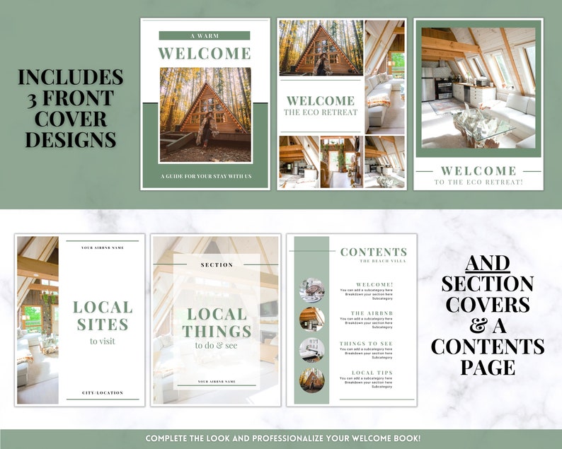 Peut inclure: Mod&egrave;le de livre de bienvenue pour une retraite &eacute;cologique. La couverture pr&eacute;sente un sch&eacute;ma de couleurs vert et blanc avec des images d'une cabane dans les bois. Les pages int&eacute;rieures comprennent des sections pour les sites locaux &agrave; visiter, les choses locales &agrave; faire et &agrave; voir, et une page de contenu.