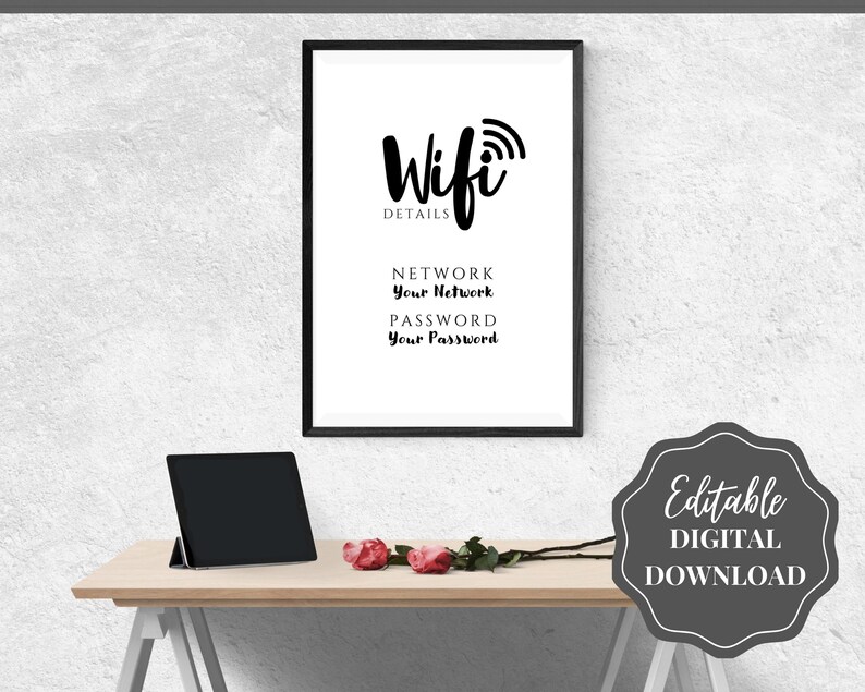 Znak hasła Wi-Fi, edytowalny szablon znaku Wi-Fi do druku, znak Be Our Guest, znak hasła Wi-Fi, pokój gościnny Airbnb, sztuka ścienna, wystrój, Wi-Fi zdjęcie 6