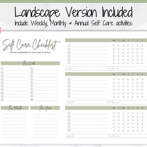 May include: A printable self-care checklist with sections for weekly, monthly, and yearly goals. The checklist includes space for writing down self-care activities and a grid for tracking progress.