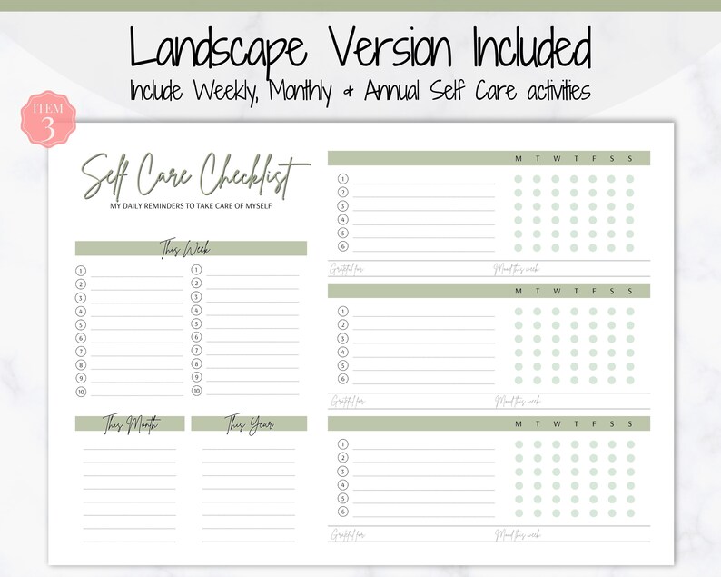 May include: A printable self-care checklist with sections for weekly, monthly, and yearly goals. The checklist includes space for writing down self-care activities and a grid for tracking progress.