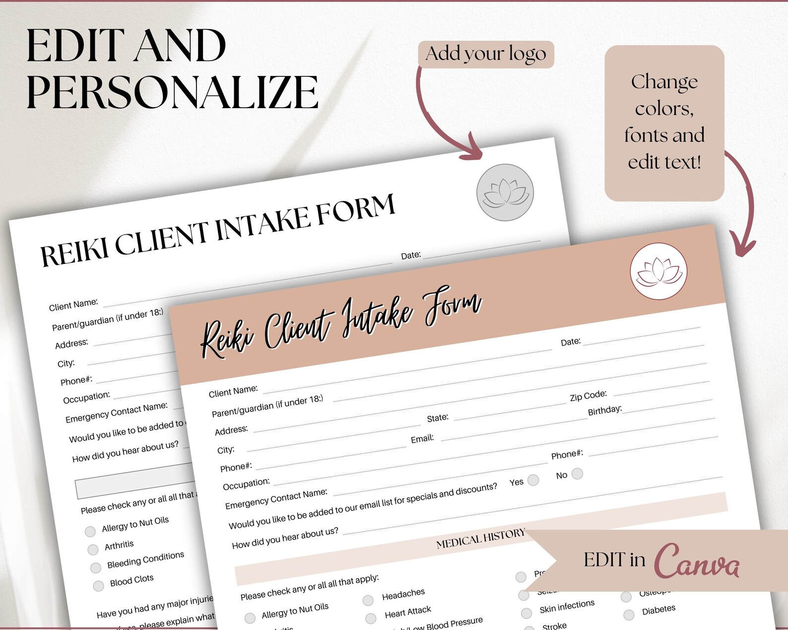 Chakra Clientform EDITABLE Reiki Business Form Template BUNDLE, Intake Forms, Distance ...