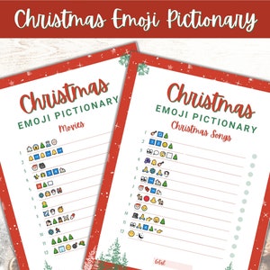 May include: A printable Christmas Emoji Pictionary game with two pages. The first page has a list of Christmas movies and the second page has a list of Christmas songs. Each list has 12 emojis next to each item.