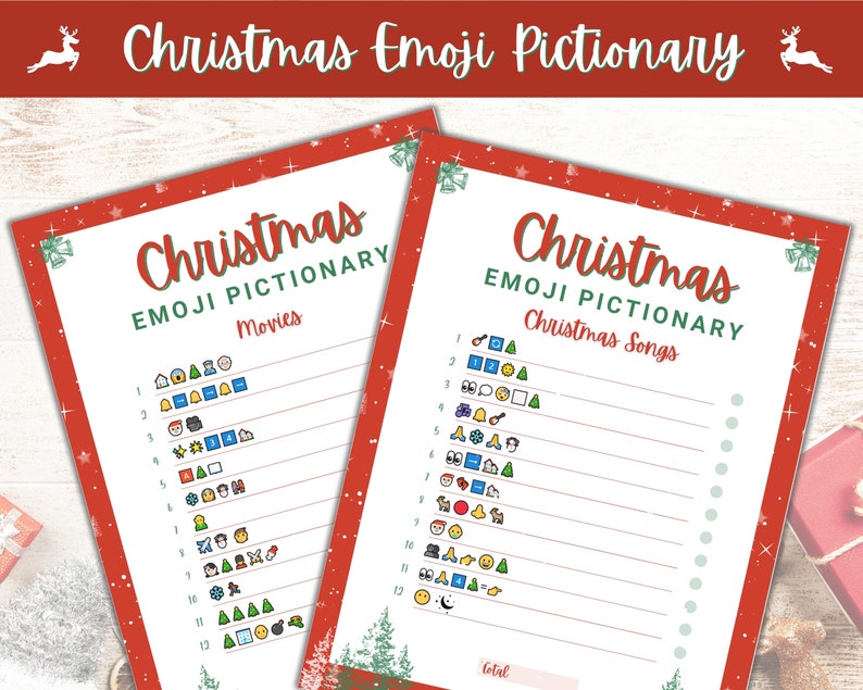 May include: A printable Christmas Emoji Pictionary game with two pages. The first page has a list of Christmas movies and the second page has a list of Christmas songs. Each list has 12 emojis next to each item.