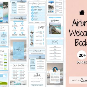 Peut inclure: Un livre de bienvenue num&eacute;rique pour les h&ocirc;tes Airbnb avec plus de 20 pages. Le livre comprend des sections sur le r&egrave;glement int&eacute;rieur, les choses &agrave; voir et &agrave; faire dans les environs, les d&eacute;placements, des conseils pour votre s&eacute;jour et une liste de contr&ocirc;le de d&eacute;part. Le livre est con&ccedil;u dans un sch&eacute;ma de couleurs bleu clair et blanc avec un th&egrave;me de plage.