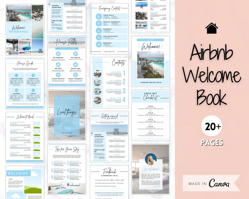 Peut inclure: Un livre de bienvenue num&eacute;rique pour les h&ocirc;tes Airbnb avec plus de 20 pages. Le livre comprend des sections sur le r&egrave;glement int&eacute;rieur, les choses &agrave; voir et &agrave; faire dans les environs, les d&eacute;placements, des conseils pour votre s&eacute;jour et une liste de contr&ocirc;le de d&eacute;part. Le livre est con&ccedil;u dans un sch&eacute;ma de couleurs bleu clair et blanc avec un th&egrave;me de plage.