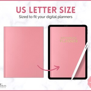 May include: A pink digital planner mockup on a tablet screen with a white stylus. The tablet is on a white marble surface. The planner has the text "Notebook Planner" in gold lettering. The image is for a digital planner download.