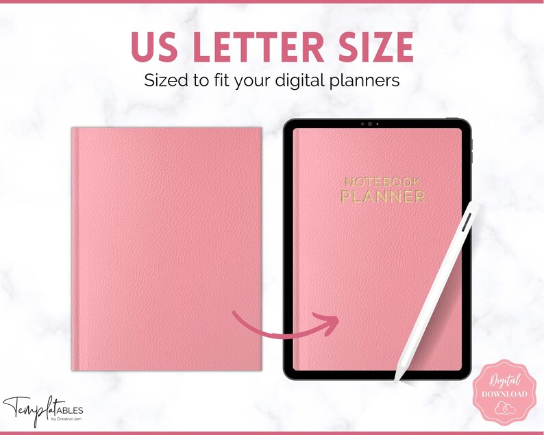May include: A pink digital planner mockup on a tablet screen with a white stylus. The tablet is on a white marble surface. The planner has the text "Notebook Planner" in gold lettering. The image is for a digital planner download.
