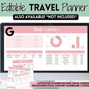 May include: A pink and white digital travel planner on a laptop screen. The planner includes a travel summary, schedule, recommendations, and packing list. The text on the screen reads "Editable Travel Planner" and "Automated Planner Includes Travel Schedule, Recommendations, Summary Dashboard & Packing List!"