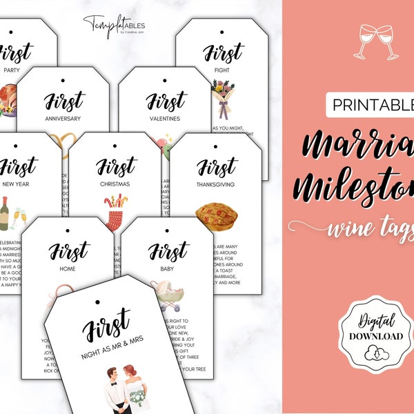 Marriage Milestone Wine Basket Tags, Printable Wine Bottle gift tags, Year of Firsts, Wedding, Bridal Shower Gift Basket, 2x3.5" Wine Labels