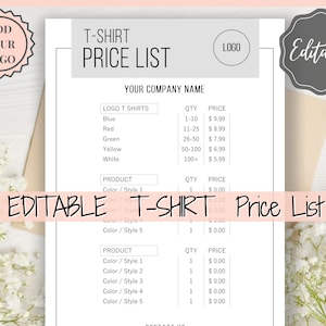 Tshirt PRICE LIST Template Editable. Printable Price Sheet, Price Guide ...