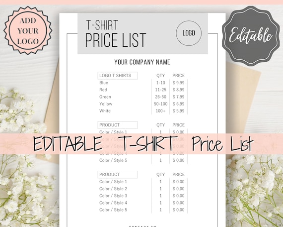 Tshirt PRICE LIST Template Editable. Printable Price Sheet - Etsy