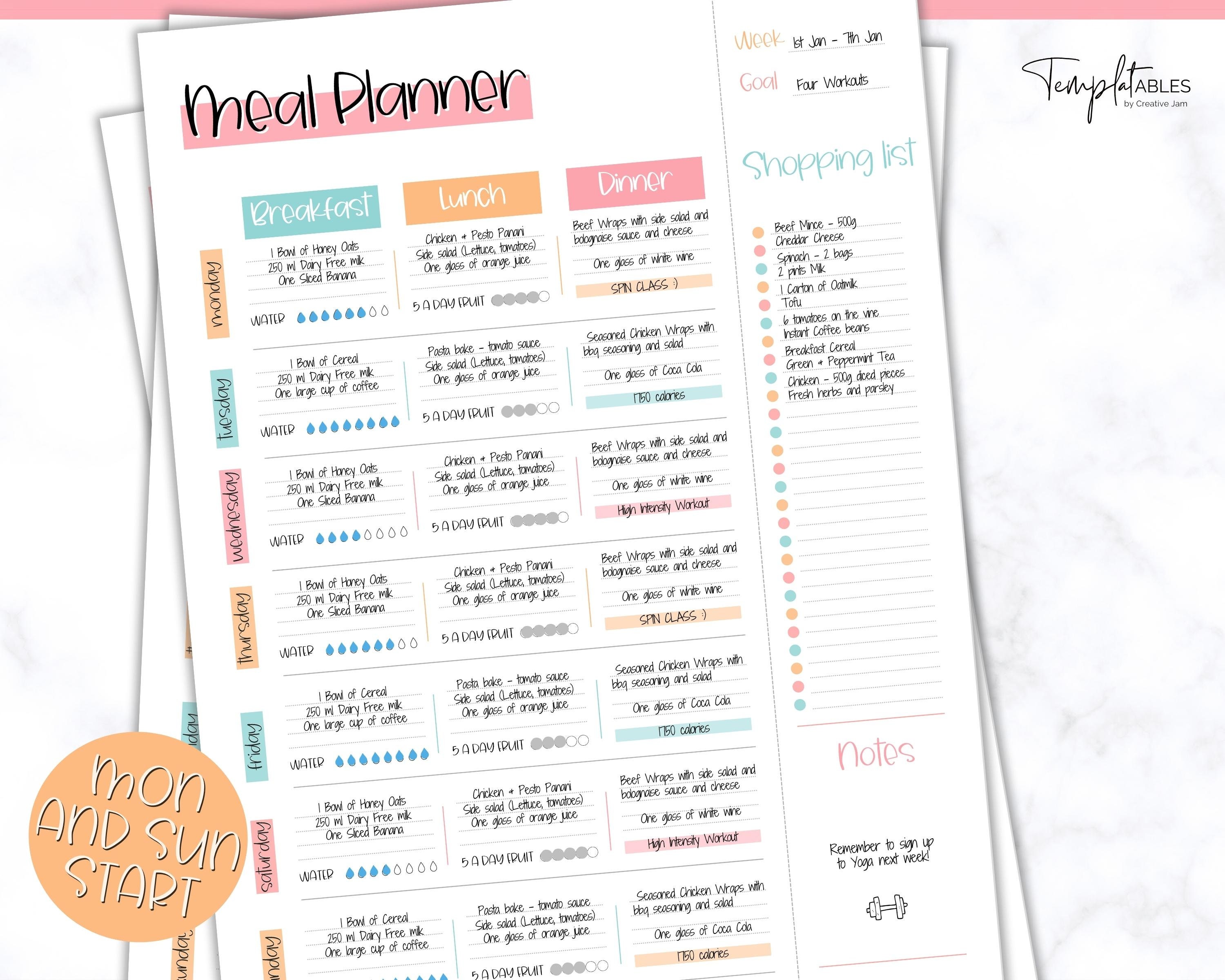Colorful Meal Planner Printable, Weekly Food Diary, Meal Tracker, Food ...
