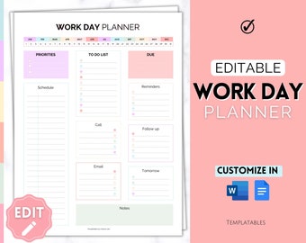 Work Planner, Work Day Organizer, Editable Daily Planner, Work from home To Do List Printable, Business, Office Organizer, Digital Schedule