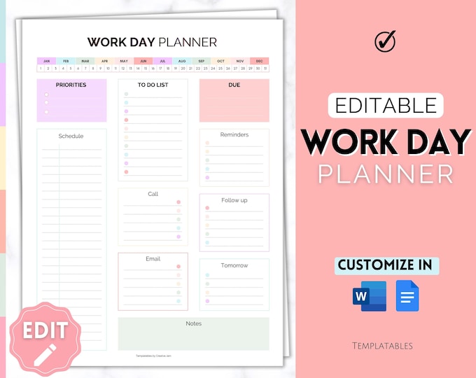 EDITABLE DAILY PLANNER | to Do List | Printable Productivity Day ...