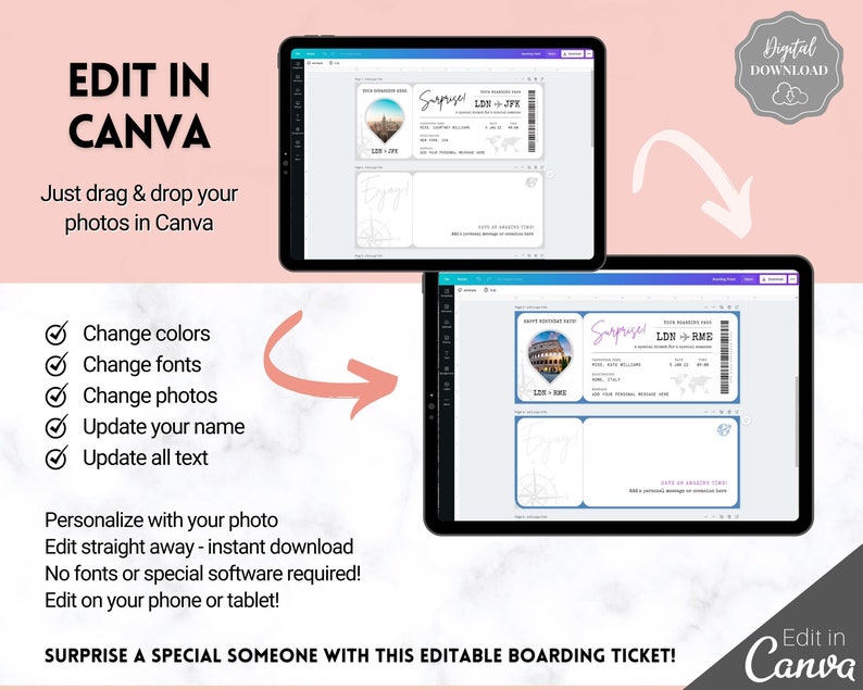 EDITABLE Boarding Ticket Template, Surprise Boarding Pass, Plane Ticket Vacation, Airline, Trip, Flight Gift, Holiday Destination, Fake, Mom image 6