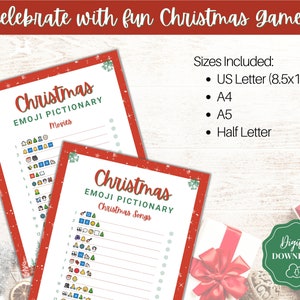 May include: Two printable Christmas emoji game cards with red borders and white backgrounds. The top card has the title "Christmas Emoji Pictionary: Movies" and the bottom card has the title "Christmas Emoji Pictionary: Christmas Songs". Both cards have a list of emojis and blank lines for players to write in their guesses.