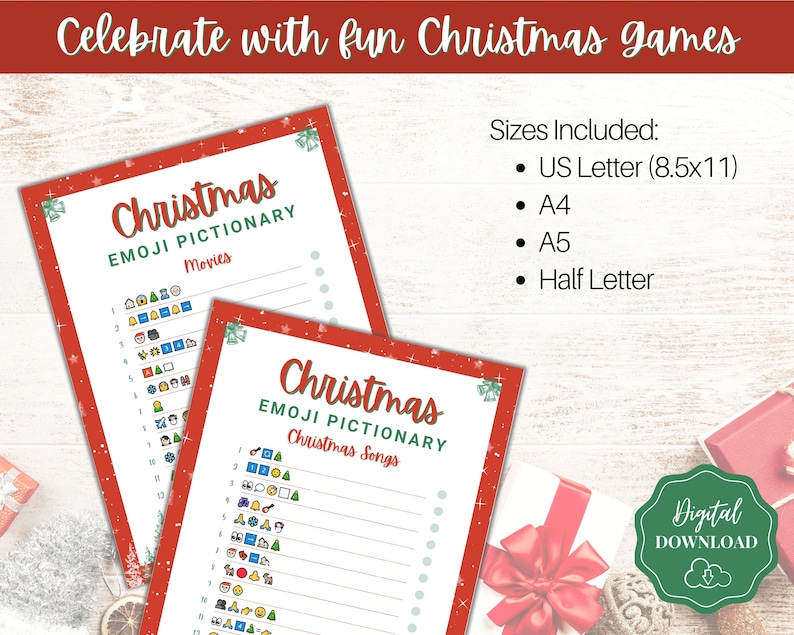 May include: Two printable Christmas emoji game cards with red borders and white backgrounds. The top card has the title "Christmas Emoji Pictionary: Movies" and the bottom card has the title "Christmas Emoji Pictionary: Christmas Songs". Both cards have a list of emojis and blank lines for players to write in their guesses.