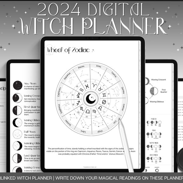 Digital Witch Planner, 2024 Witchy Planner, Witch Journal, Moon Calendar, Tarot Journal, Spell Book, Grimoire, Witchcraft, GoodNotes iPad