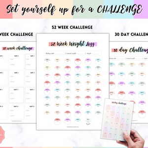 May include: Three printable challenge trackers with colourful circles for a 12 week, 52 week, and 30 day challenge. The 52 week tracker has the text "52 Week Weight Loss".