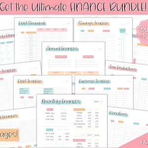 May include: A printable finance bundle with 24 pages. The pages include trackers for debt, savings, expenses, income, and taxes. The pages are designed with a pink, orange, and blue color scheme. The text "Get the Ultimate FINANCE BUNDLE!" is at the top of the image. The text "Bundle Pack!" is in a circle at the top right of the image. The text "Not included!" is at the bottom right of the image.