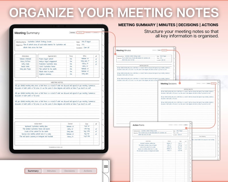 Digital Meeting Minutes Template, Editable Meeting Notes, Digital ...