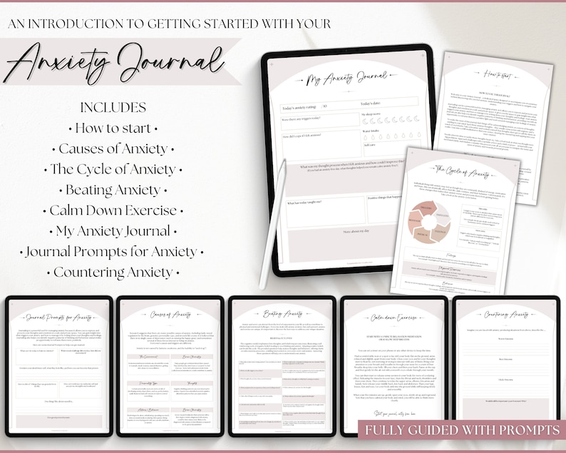 May include: A digital guide to managing anxiety, featuring a printable journal with prompts and exercises. The guide includes sections on how to start, causes of anxiety, the cycle of anxiety, beating anxiety, calm down exercises, journal prompts, and countering anxiety. The guide is fully guided with prompts.