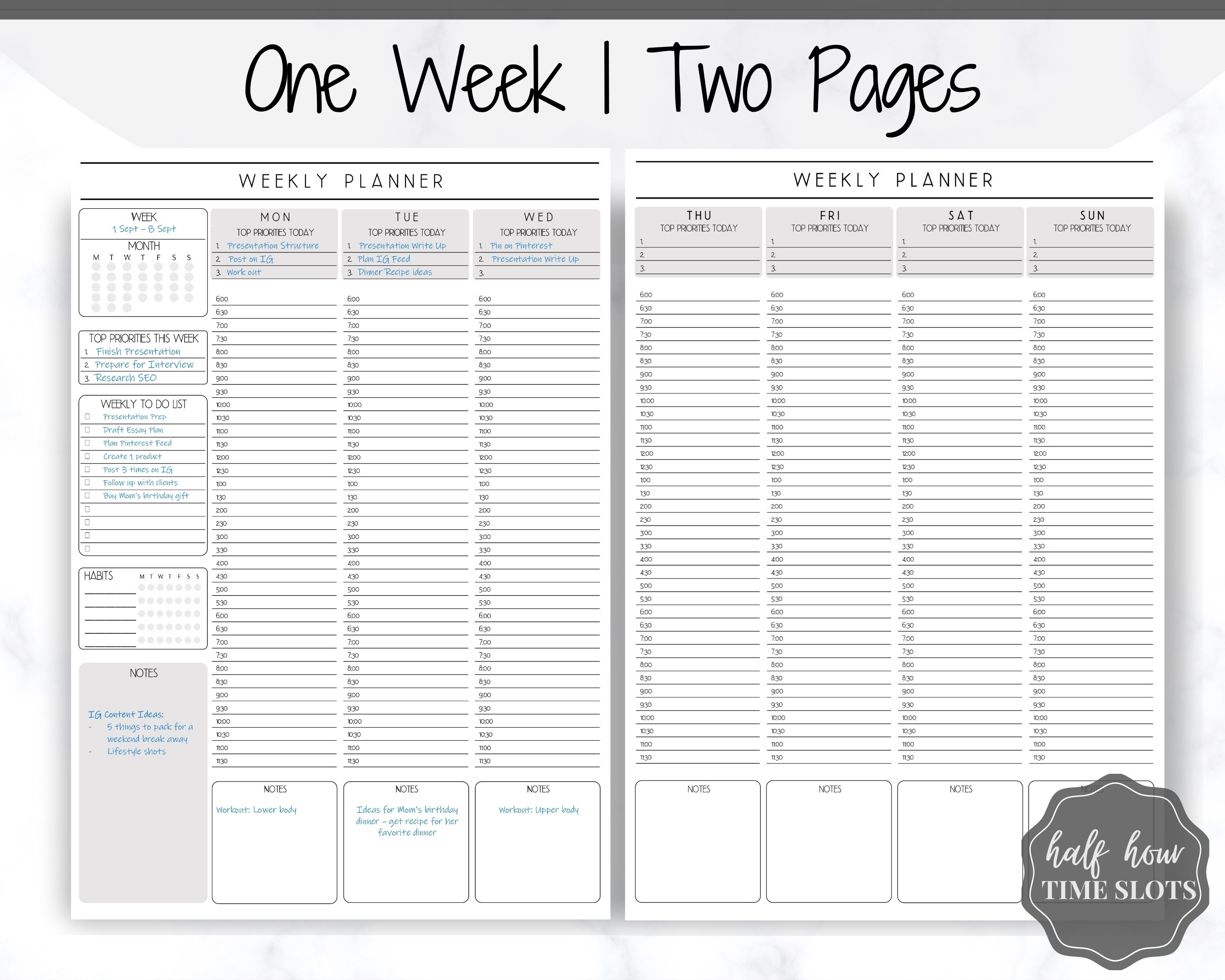 Undated Planner Weekly Planner Printable Week on 2 Pages - Etsy