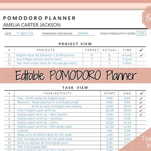 Editable POMODORO Planner, Productivity Planner Pages, Student Project Planner, Printable To Do List, Daily Pomodoro Time & Task Tracker