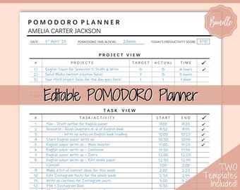 Planificador POMODORO editable, páginas del planificador de productividad, planificador de proyectos para estudiantes, lista de tareas pendientes imprimible, seguimiento diario de tareas y tiempo de Pomodoro