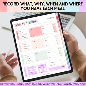 May include: A digital tablet displaying a daily food journal template with sections for meal time, what was eaten, hunger scale, and notes. The tablet is being held by a person's hand.