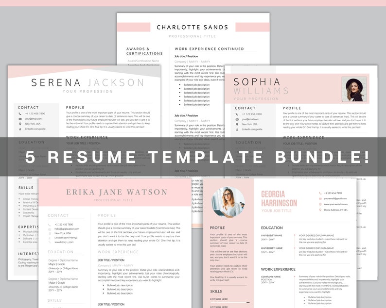 Puede incluir: Cinco plantillas de curr&iacute;culum vitae de color rosa y gris sobre un fondo blanco. Las plantillas incluyen una secci&oacute;n de perfil, informaci&oacute;n de contacto, educaci&oacute;n, experiencia laboral y habilidades. Las plantillas est&aacute;n dise&ntilde;adas para que los solicitantes de empleo creen curr&iacute;culums profesionales.