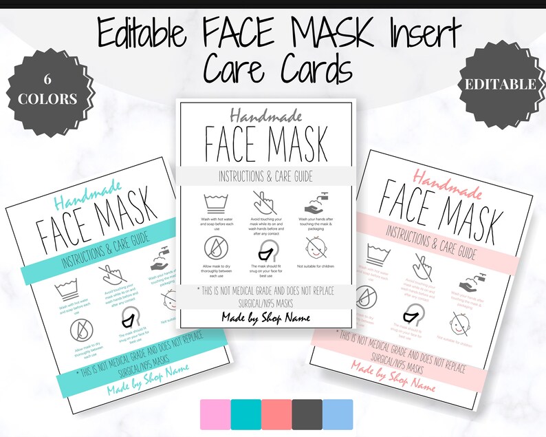 editable face mask label care card how to handle order card etsy