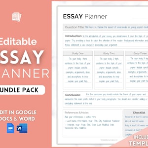 EDITABLE Essay Planner bundle, Student Essay Writing Template, College Assignment, School Homework, Academic Project Plan, Google Docs, Word