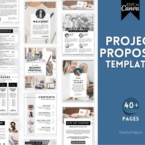 Könnte beinhalten: Ein Satz von über 40 Projekt-Vorschlagsvorlagen, die für die Verwendung mit Canva entwickelt wurden. Die Vorlagen zeichnen sich durch ein modernes, minimalistisches Design mit schwarzen und weißen Akzenten aus. Die Vorlagen umfassen Seiten für die Darstellung von Dienstleistungen, Paketen, einer Zusammenfassung und einem Call-to-Action.