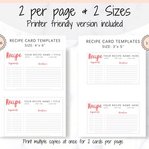 May include: Printable recipe card templates in two sizes: 4x6 inches and 3x5 inches. The templates feature a simple design with sections for ingredients, directions, servings, prep time, and cook time. The text "Recipe" is written in a pink cursive font.