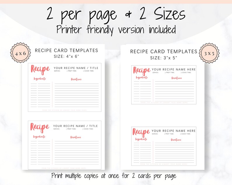 May include: Printable recipe card templates in two sizes: 4x6 inches and 3x5 inches. The templates feature a simple design with sections for ingredients, directions, servings, prep time, and cook time. The text "Recipe" is written in a pink cursive font.