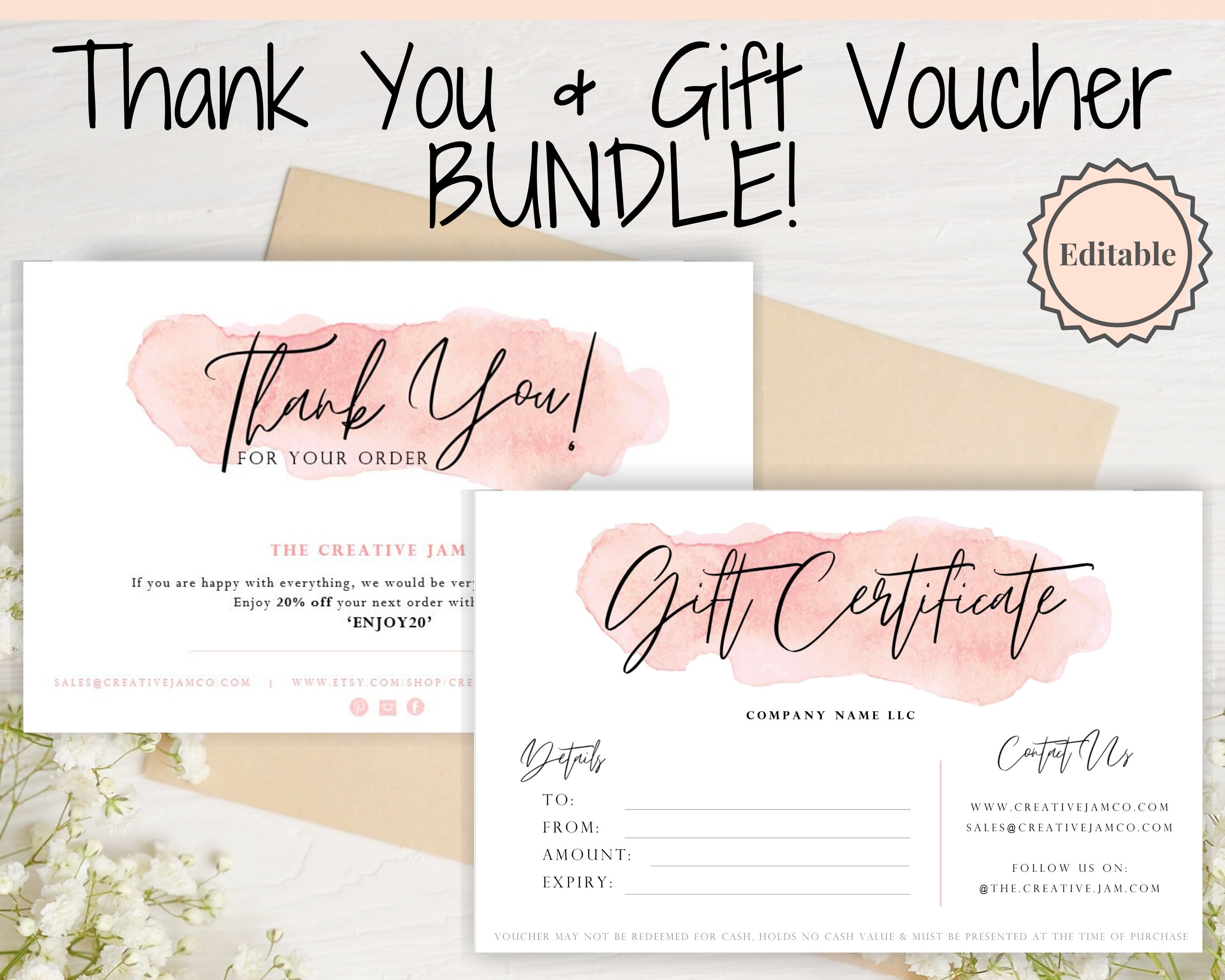 Gift Certificate Template & Thank You For Your Order Business Etsy