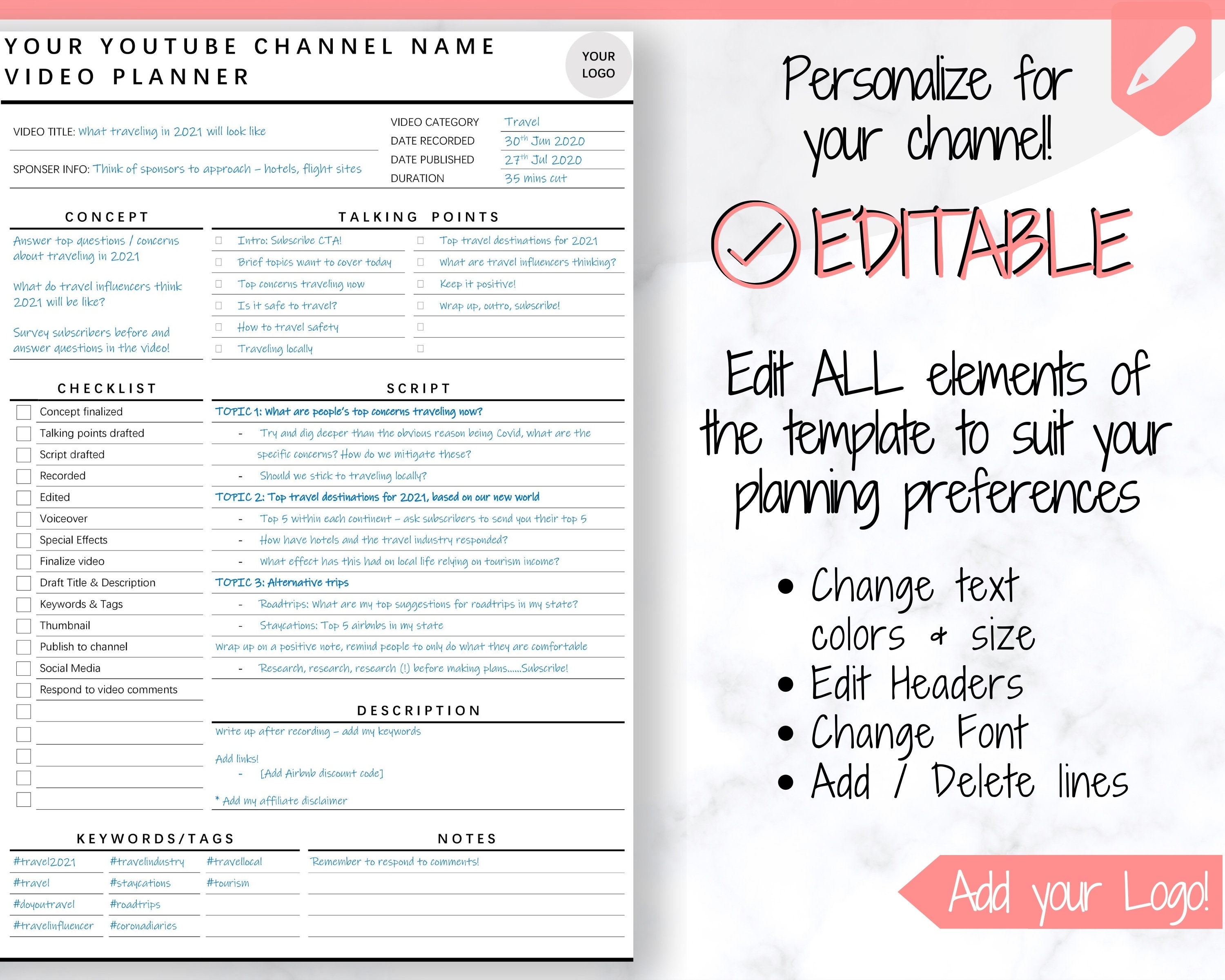 Youtube Planner Video Planner Social Media Content Calendar - Etsy
