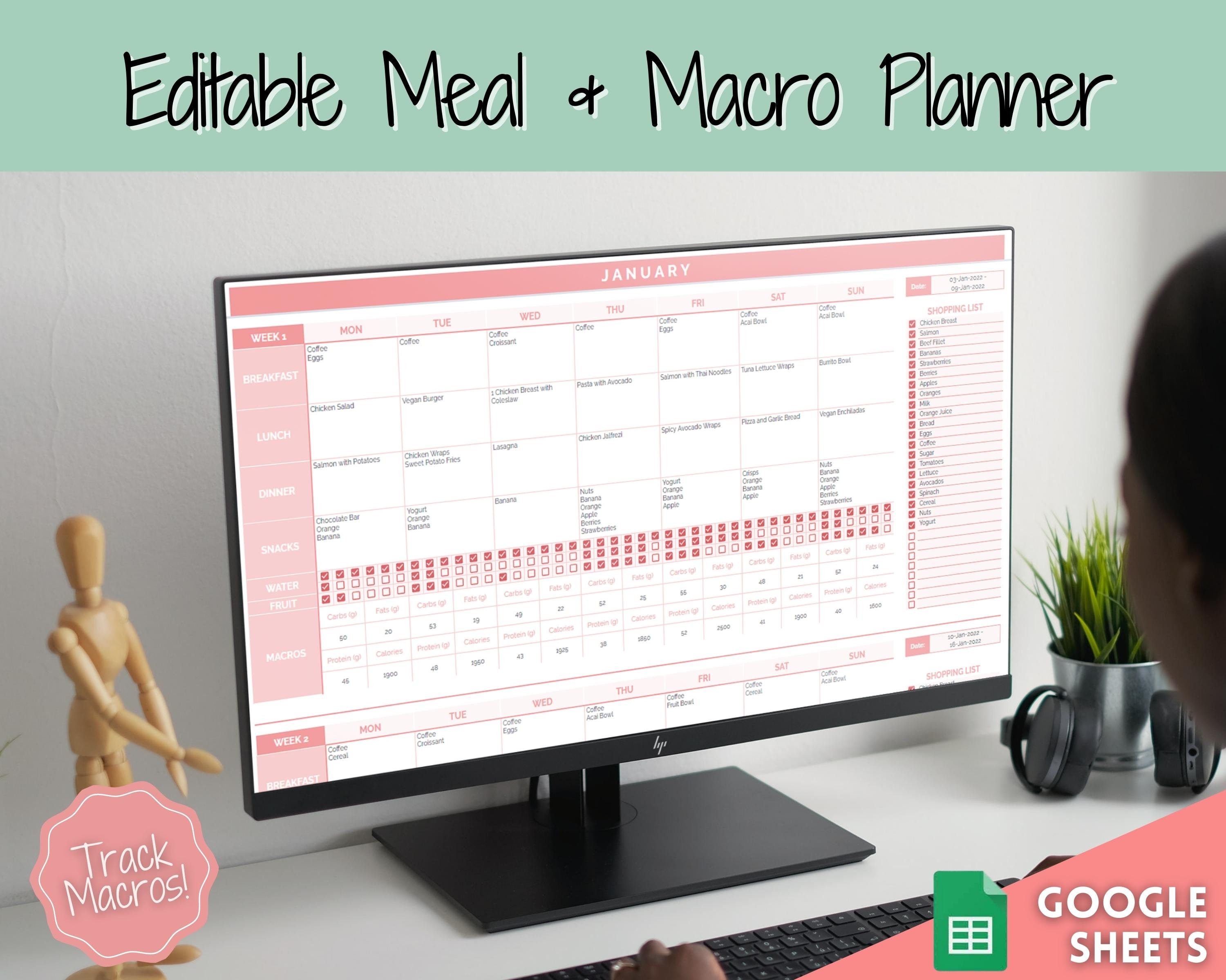 Macro Meal Planner Spreadsheet, Weekly Meal Plan Template, Meal Prep ...
