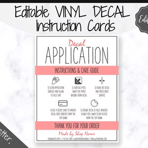 BEWERKBARE Vinyl Decal Care Card Instructies, Afdrukbare Decal Application Order Card, DIY Sticker Verkoper Verpakkingslabel, Care Cards