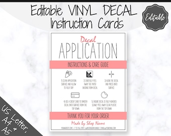 EDITABLE Vinyl Decal Care Card Instructions, Printable Decal Application Order Card, DIY Sticker Seller Packaging Label, Care Cards