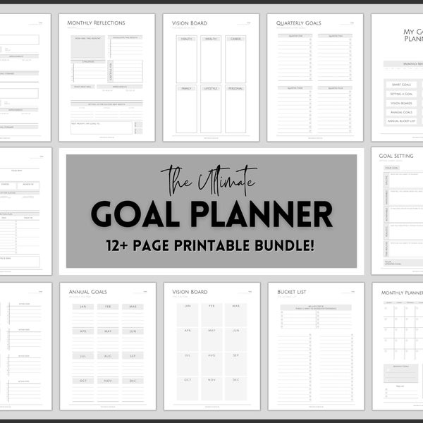 Goal Planner BUNDLE, 2024 Goals Tracker, SMART Goal Setting Kit, New Year, Monthly Habits Reflections, Productivity, Vision Board Printables