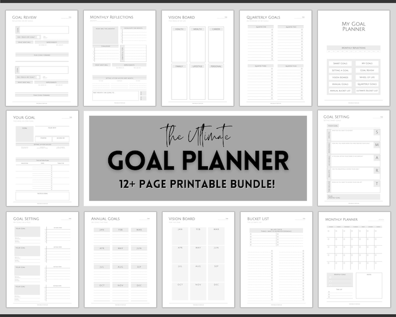 Doelplanner BUNDEL, 2024 Doelen Tracker, SMART Goal Setting Kit, Nieuwjaar, Maandelijkse gewoonten Reflecties, Productiviteit, Vision Board Printables afbeelding 1