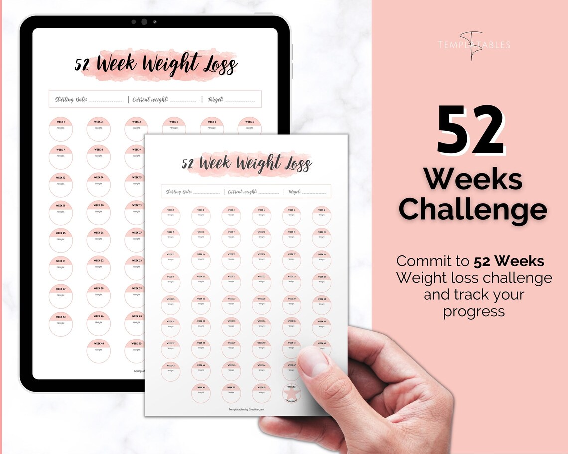 52 Week Weight Loss Tracker, 12 Month Challenge, Weightloss Journal ...