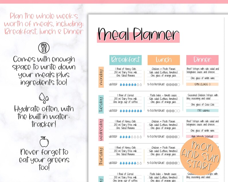 Weekly Meal Planner Printable Food Diary Meal Tracker Food - Etsy Canada