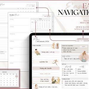 May include: A digital planner with a pink and white color scheme. The planner includes a calendar, a daily schedule, and a self-care section. The text on the screen reads "Mon 01 January 2024".
